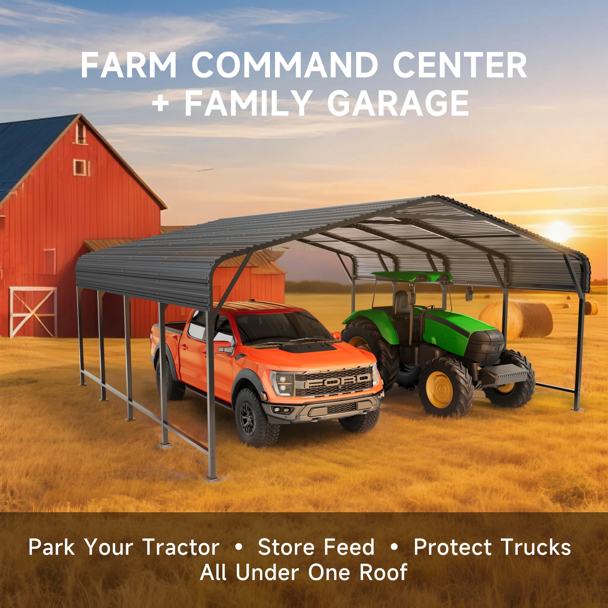 EASYHAWK 20x20 FT Heavy Duty Galvanized Steel Carport - Outdoor Metal Carport Vehicle Shelter for Cars, Trucks, SUVs, Boats & Tractors