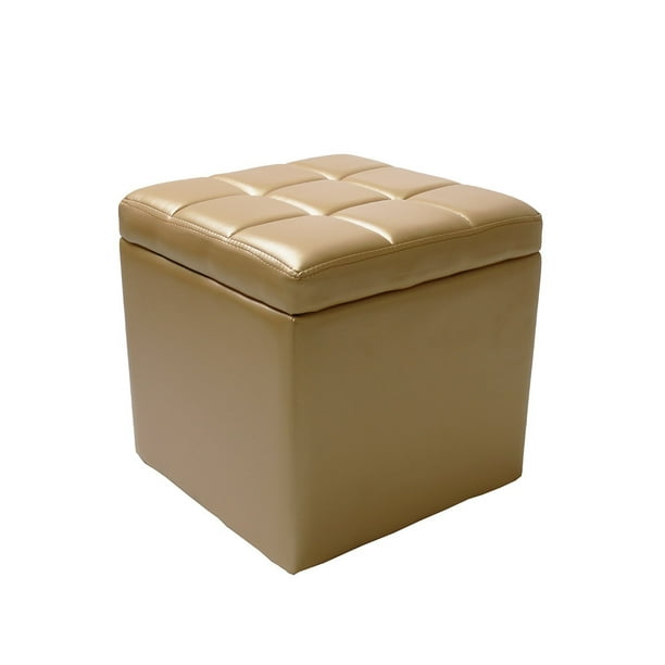 16 Square Unfold Leather Hinged, Gold Ottoman Storage Box
