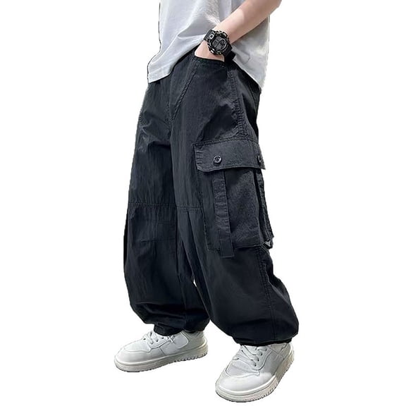 CONROSES Kids Boys Casual Pants Wide Leg Baggy Pant for Child Solid Y2K Elastic Waist Drawstring Cozy Streetwear Jogger Trousers with Pockets
