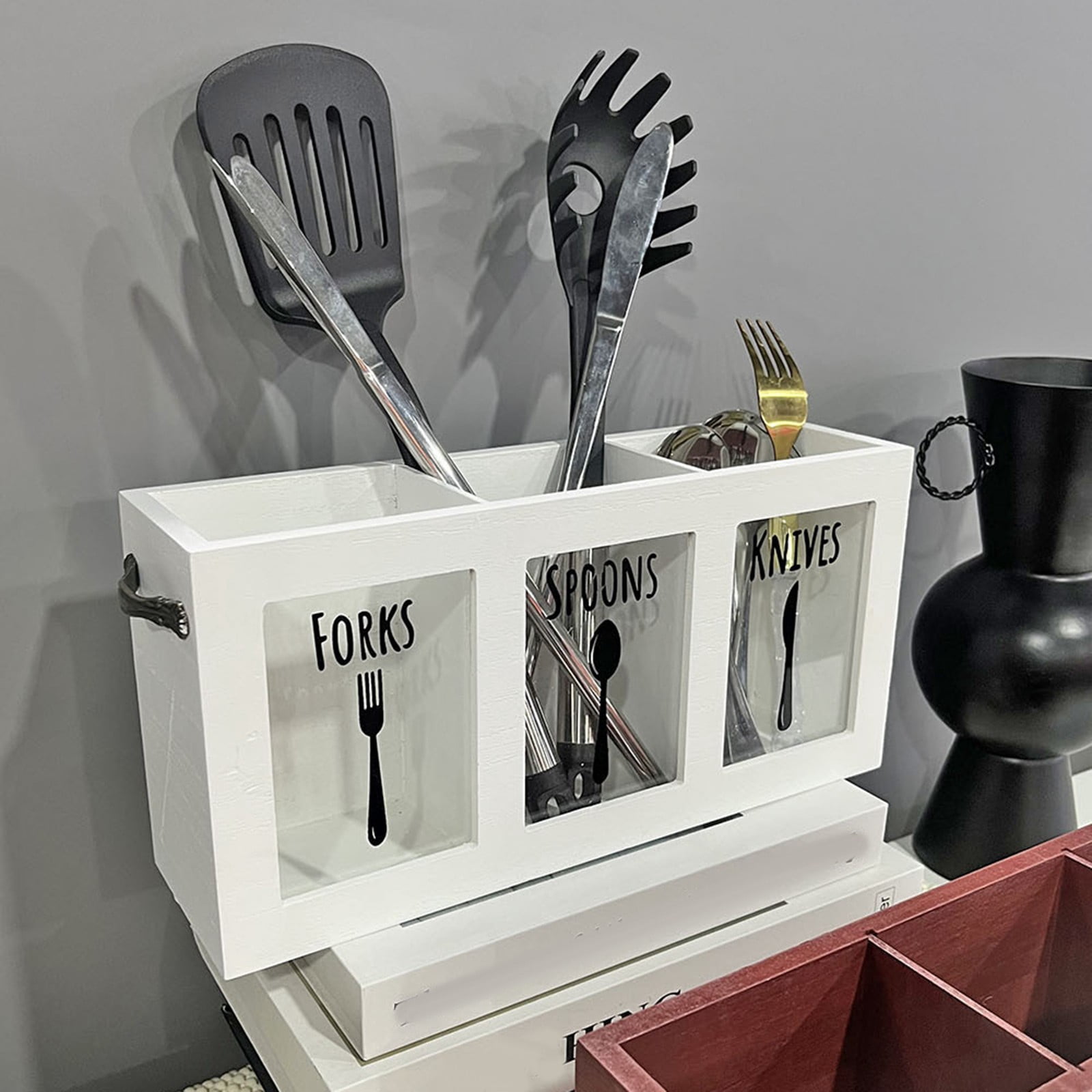 Wood Flatware Organizer, Rustic Utensil & Silverware Holder for Forks, Spoons, Knives, Farmhouse Kitchen Cutlery Caddy Bin Countertop, 1 Pcs, 11.81x3.43x5.51"