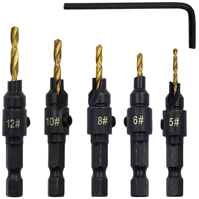 Juego de brocas avellanadoras de 5 piezas de acero de alta velocidad con 1 llave hexagonal gratis para carpintería y carpintería, Gold-Juego de 5 piezas esquí esquí Gafas de esquí