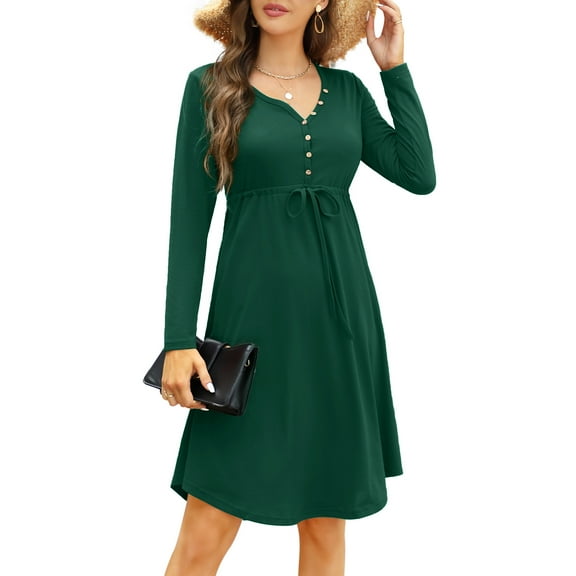 Yesfashion Women’s Long Sleeve Casual Dress V Neck Drawstring Irregular Hem Tunic Shift Midi Dress