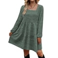 thumbnail image 2 of Vestido de manga larga, cuello cuadrado, color puro, diseño escalonado, manga abombada, vestido de túnica de verano para mujer, para fiesta, oficina, OD verde L, 2 of 6