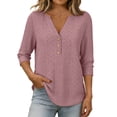 thumbnail image 3 of Lumosvexa Womens Plain T-Shirt for Women 3/4 Sleeve Short Shirt Tops Button Relaxed V-neck T Shirt Pink Size 2XL, 3 of 10