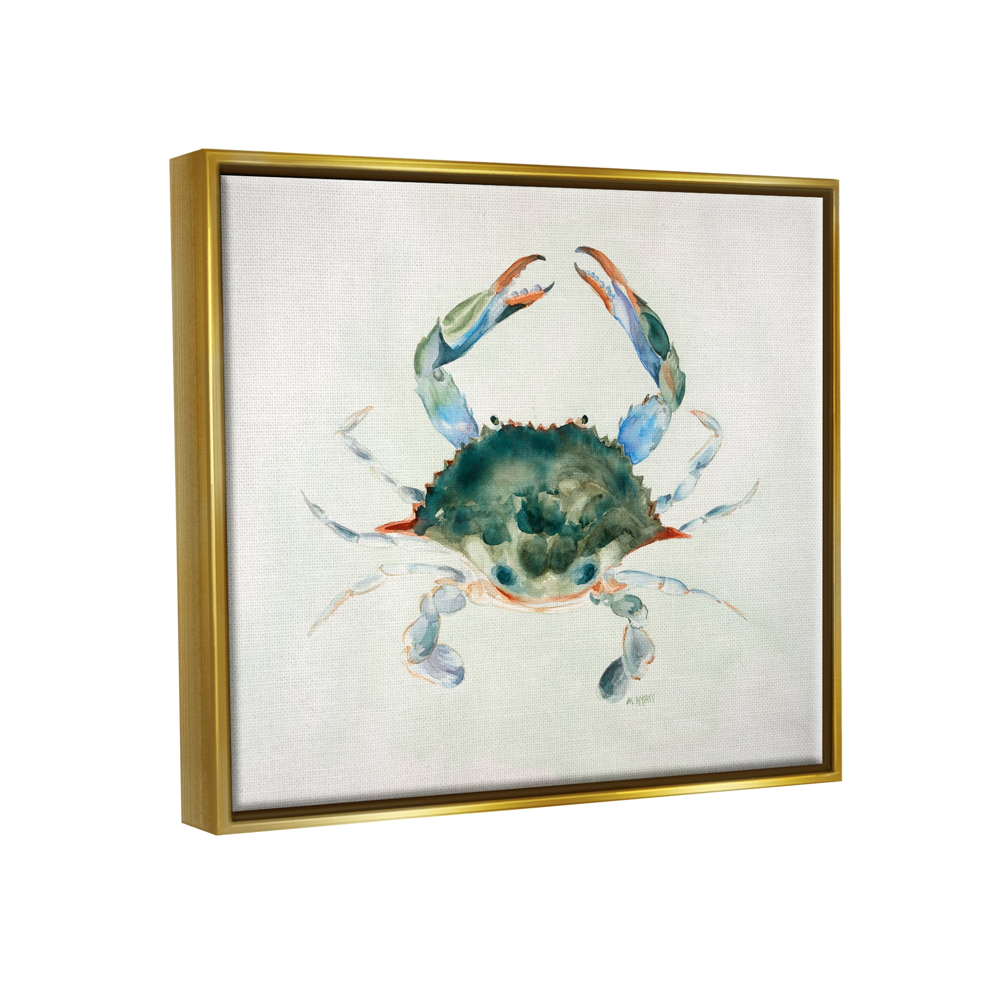 Stupell Industries Blue Sea Crab Over Beige Soft Watercolors Metallic Gold Framed Floating Canvas Wall Art, 24x30, by Melissa Hyatt LLC