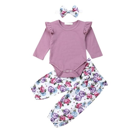 

Farrubbyine8 Autumn Newborn Baby Girl Flower Romper Tops Bodysuit Pants Headband