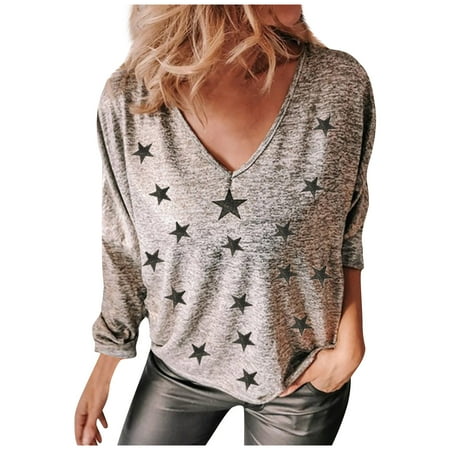 

Mrat Long Sleeve Crops Tops for Women Long Sleeve V-Neck Shirts Ladies Fashion V-neck Star Print Long Sleeve Casual Pullover Bottom Top Long Sleeve Corset Tops for Female