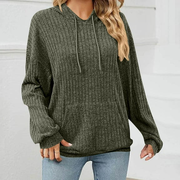 Womens Knitted Stripe Hoodies Drawstring Adjustable Fleece Blosues Light Warm Pullover Sweater Blouses with Kangaroo Pocket Relaxed Fit Shirt Tops Fall Winter Sweatshirt Outfits