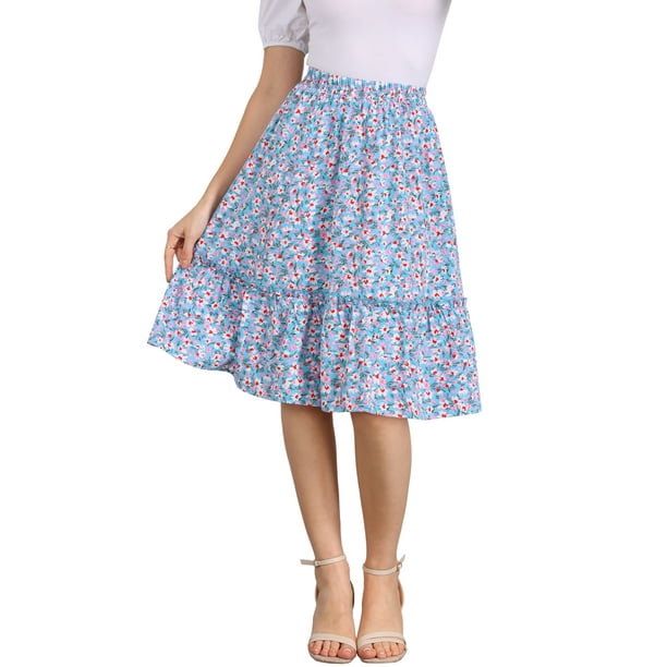 FALDA MIDI FLUIDA CON VOLANTES FLORAL DE CINTURA ELÁSTICA PARA MUJERES CHIC INSPIRE EN AZUL CIELO XL
