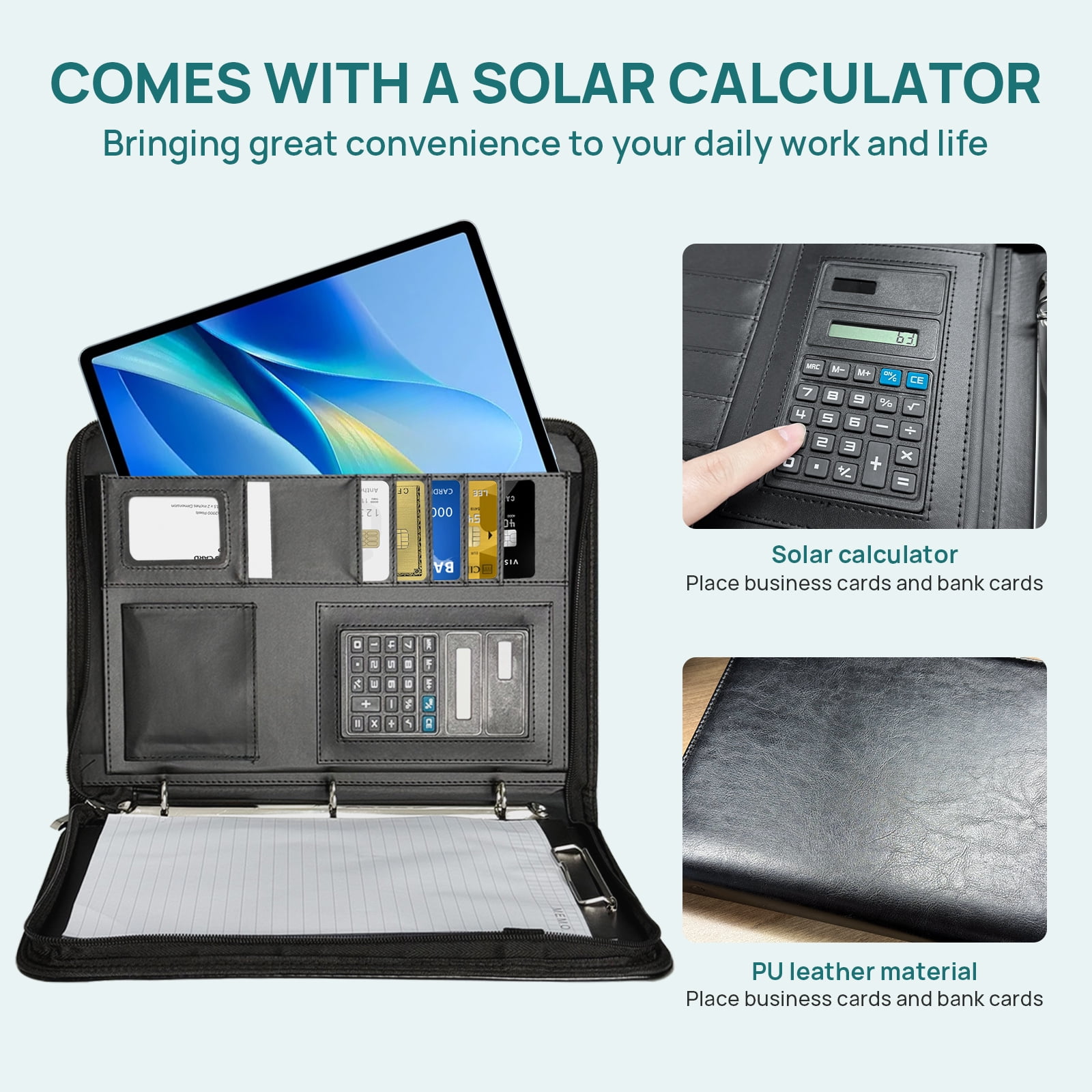 AGCAN Padfolio Portfolio with Zipper, Black Vegan Leather Business 3 Ring Binder Binder, Protective 10.1 Inch Tablet Sleeve, Solar Calculator, Business Card Storage Included Letter Sized Writing Pad