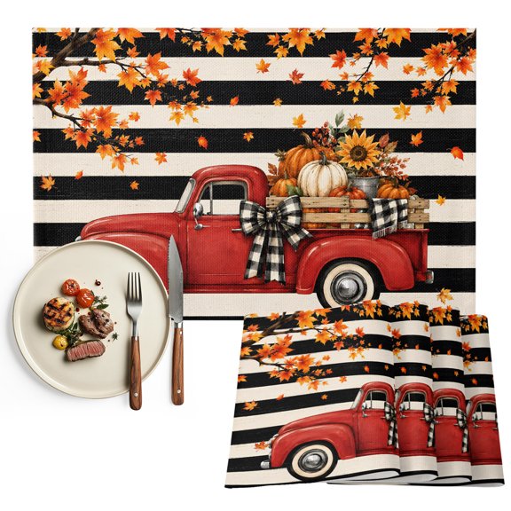 Thanksgiving Truck Placemats Set of 6, Fall Maple Leaves Pumpkins Floral Striped Washable Wipeable Table Mats for Dining Tables, Indoor Outdoor Kitchen Place Mats for Holiday Party Table Decor