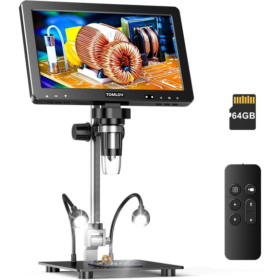 TOMLOV 10.1" HDMI Digital Microscope, 1500X Coin Microscope Magnifier for Error Coins with HD IPS LCD Screen, 20MP Electronics Repair Soldering Microscope 10 LED Lights, PC/TV, DM9 Max, 64GB
