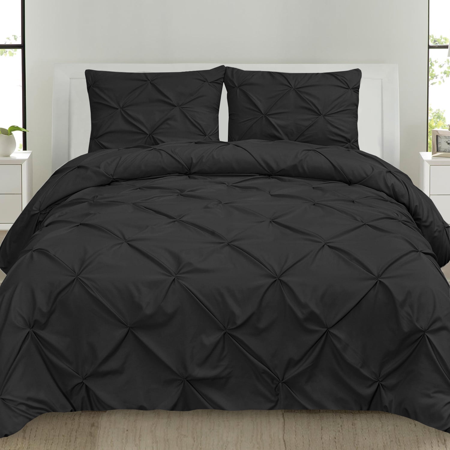 Black, Full/Queen Pintuck Pinch Pleat Pattern Bedding Comforter Cover Set 3 Piece Pinch Pleated Duvet Cover with Zipper Closure