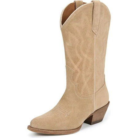 

Sam Edelman Fuller Sand Suede Stacked Heel Pointed Toe Pull On Western Boots (Sand Suede 9)