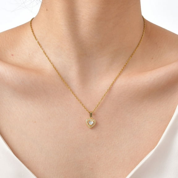 Gold Heart Pendant Necklace with Zircon, Stainless Steel Non Tarnish Hypoallergenic Jewelry Gift for Women
