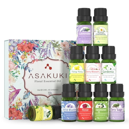 ASAKUKI Aromatherapy Essential Oil Gift Set, 100% Pure Floral Essential Oils (Lavender, Rose, Cherry Blossom, Ylang, Gardenia, Chamomile, Jasmine, Neroli, Clary Sage & Bluebell), 10 Pack