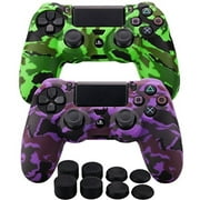 MXRC Silicone Rubber Cover Skin case Anti-Slip Water Transfer Customize Camouflage for PS4/SLIM/PRO Controller x 2(Green & Purple) + FPS PRO Extra Height Thumb Grips x 8