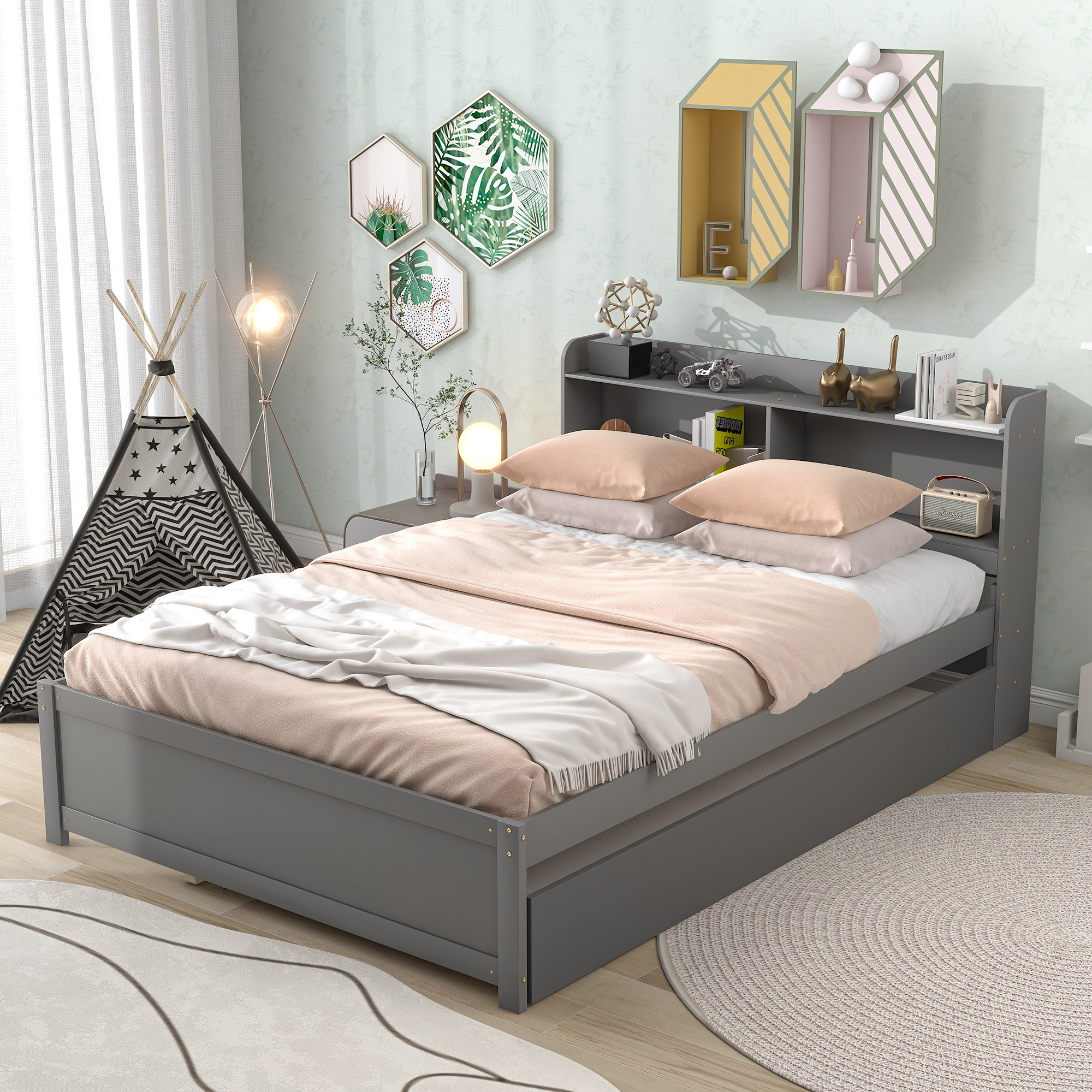 Leumius Full Size Bed with Trundle and Bookcase Headboard for Boys Girls Grey