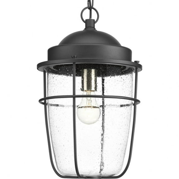Progress Lighting Holcombe 1-Light Outdoor Black Hanging Lantern with Clear Seeded Glass