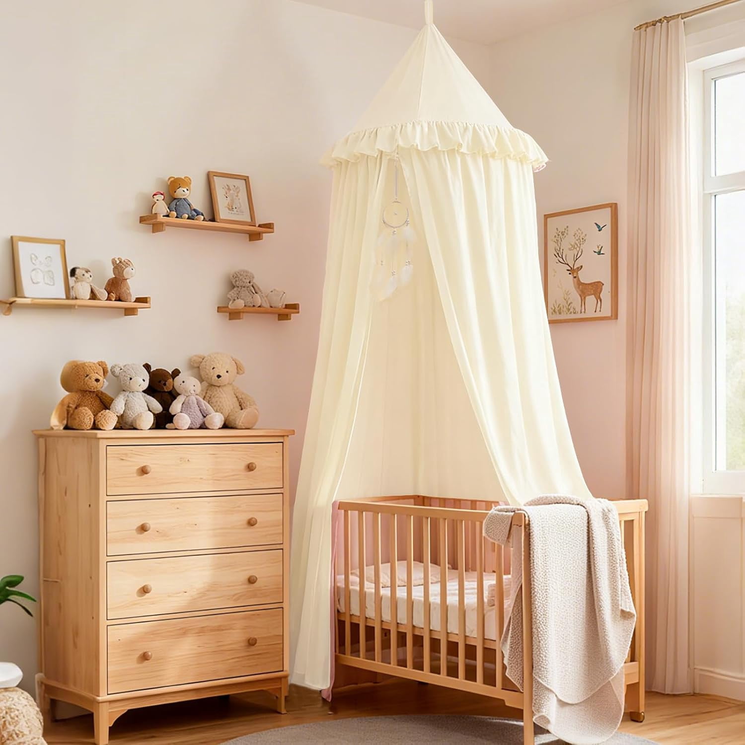 ANHXN Kids Bed Canopy for Crib & Twin Size with Ruffles Dreamcatcher,  Room Decor Toddler Baby Dome Round Hanging Tent Curtains Skirt Over Bed Reading Nook Play