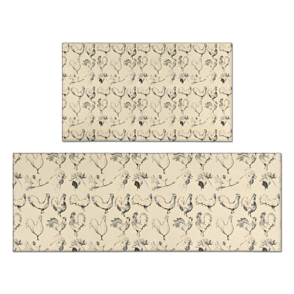 Beige Chicken Sketch Pattern Kitchen Rugs Sets Of 2,Anti Fatigue Kitchen Mat Rugs Non Slip Washable,Decorative Kitchen Floor Mats for Kitchen,Sink,Laundry,17"x30" 17"x47"