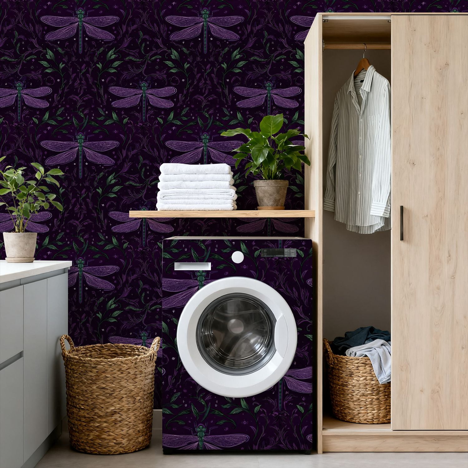 Peel and Stick Wallpaper Dragonfly Botanical Purple Night Foliage Hand Drawn Wall Mural 17.7in x 9.8ft Self Adhesive Removable Wall Paper Renter Friendly Wallpaper for Nursery Bedroom Cabinets