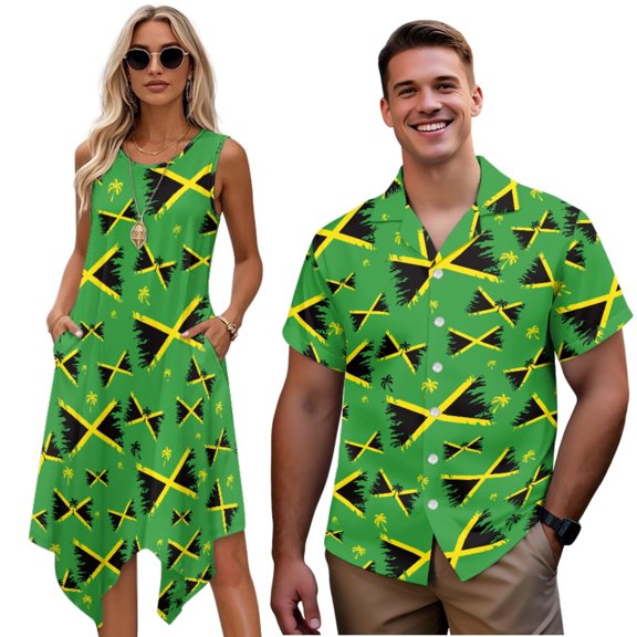 Garronmavis Couple Matching Hawaiian Outfits Jamaica Flag Short Sleeve Shirt for Men Size L Lightweight Shirts Blouse and Women's Tank Dress A-Line Sleeveless Sundress