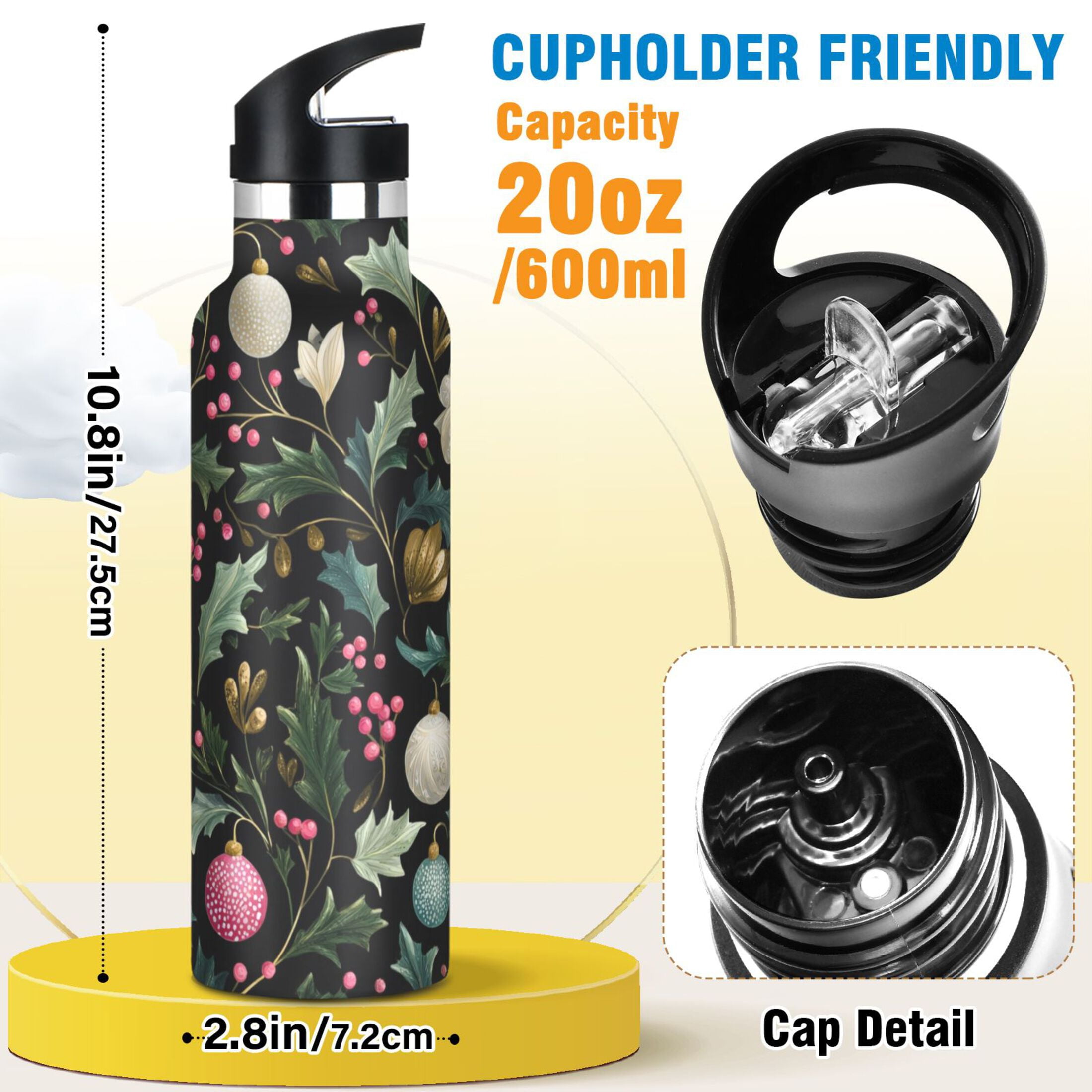Kids Insulated Stainless Steel Sports Water Bottle 600ml (20oz) Vintage Christmas Decorations Pattern