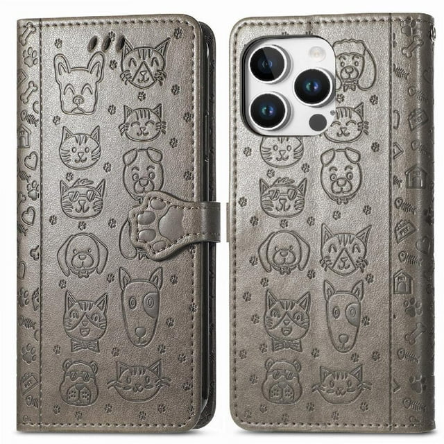 Funda Cartera FOXDOCK para iPhone 16 Pro Max , Flip PU con Relieve de Gatos y Perros, Tarjetero y Soporte