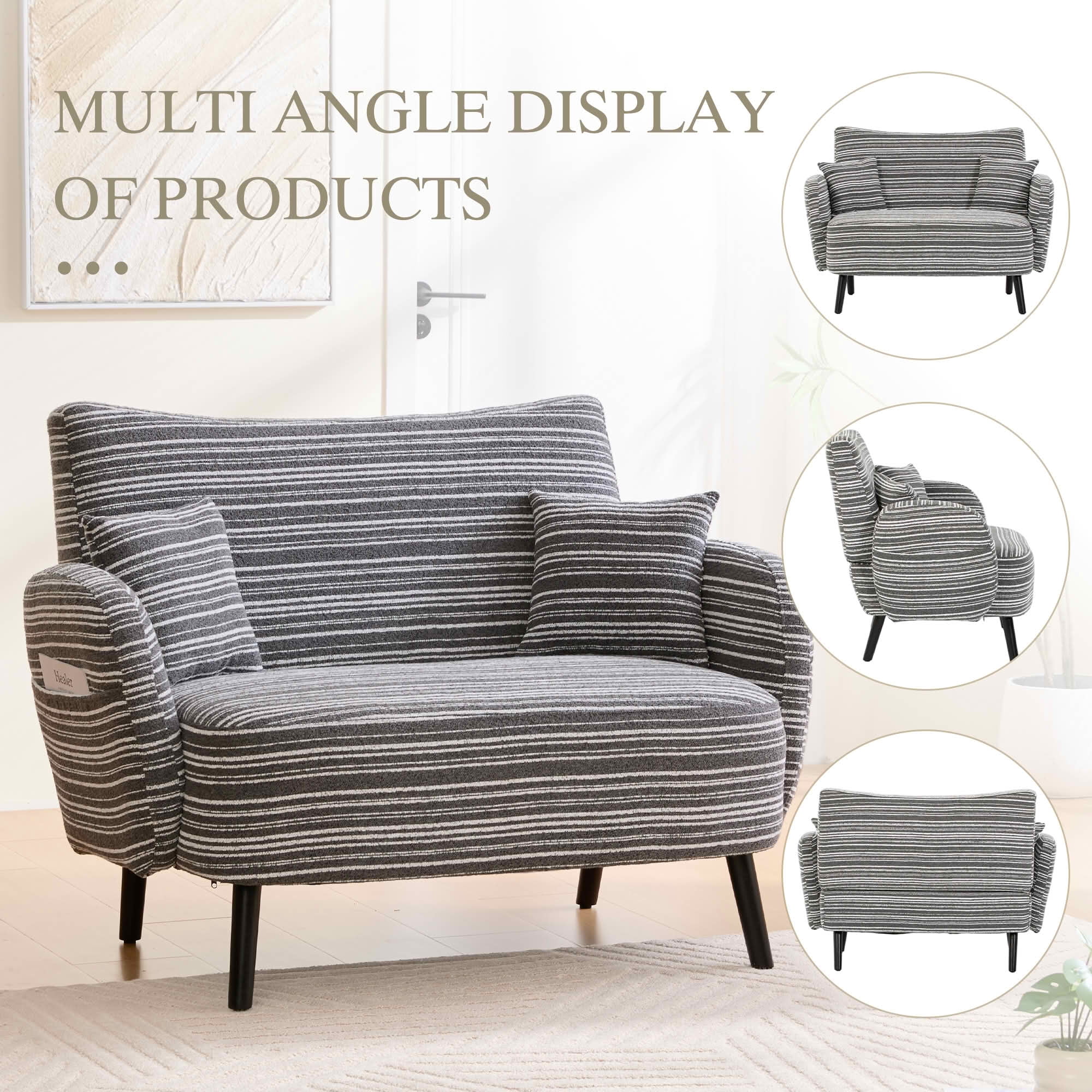 MAYEERTY Modern 2-Seat Deep Seat Loveseat, Fabric Couch with Storage Pockets & Arm Pillows for Small Apartment Bedroom