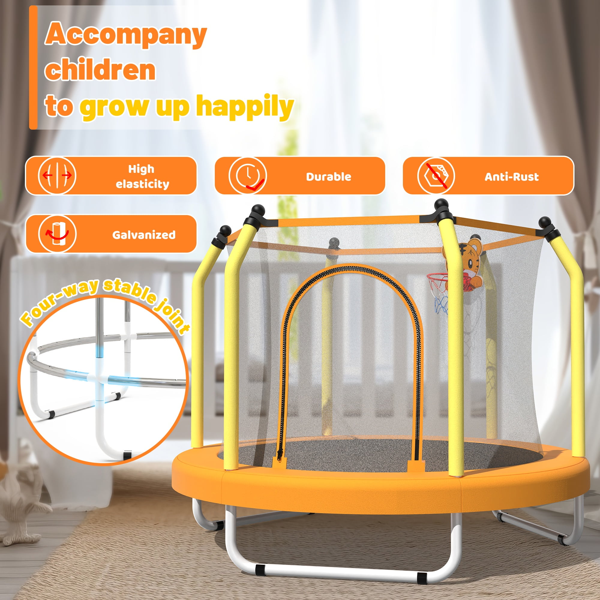 55" Toddler Trampoline Indoor/Outdoor for Kids, Shinpt Mini Trampoline for Backyard, Recreational Trampoline with Basketball Hoop, Outdoor Toddler Toy with Enclosure Net, Indoor Bounce House for Gift