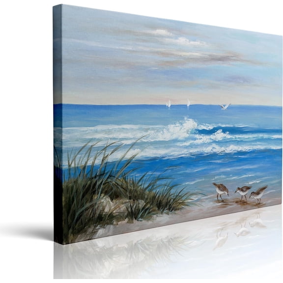 Framed Blue Coastal Beach Seagull Bird Paintings Trendy Calming Tropical Ocean Beachy Cool Canvas Wall Art For Living Room Elegant Botanical Bathroom Wall Decor Prints Ready To Hang(12''''x16'''')