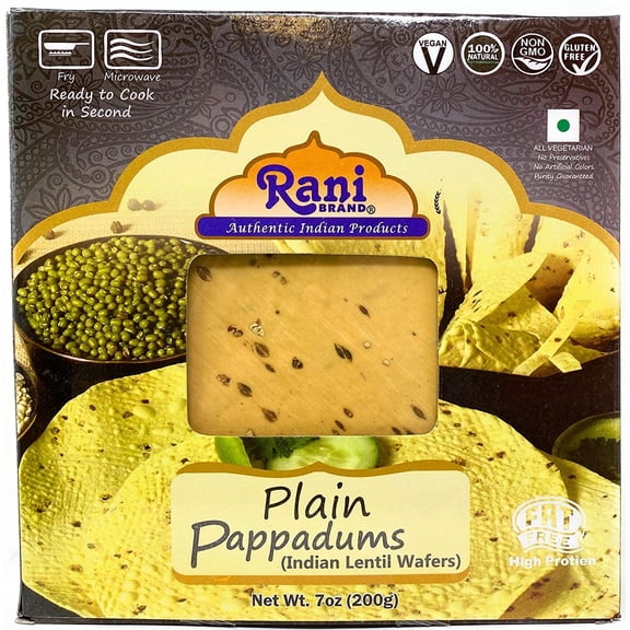 Rani Pappadums (Indian Lentil Wafer Snack) Plain Papad 7oz (200g) Approximately 15pc, 7 inches ~ All Natural | Gluten Friendly | NON-GMO | Vegan | Indian Origin