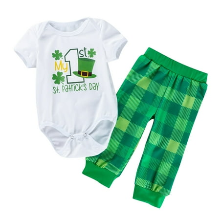 

Zlekejiko St. Patricks Day Baby Boys Girls Cute Cartoon Romper Tops Plaid Pants Trousers Outfit Set 2PCS
