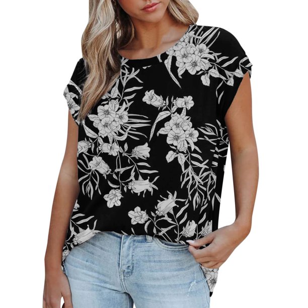 Gibobby Casual Playera de Manga Corta para Mujer Camiseta informal manga corta con hombros descubiertos para mujer, camiseta extragrande con estampado básico para e(Negro,M)
