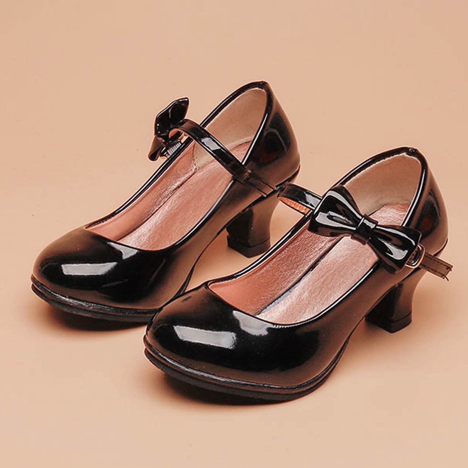 Quealent Girls Mary Jane Dress Shoes Pumps Low Heels Flower Party Wedding Princess Black for Size 9