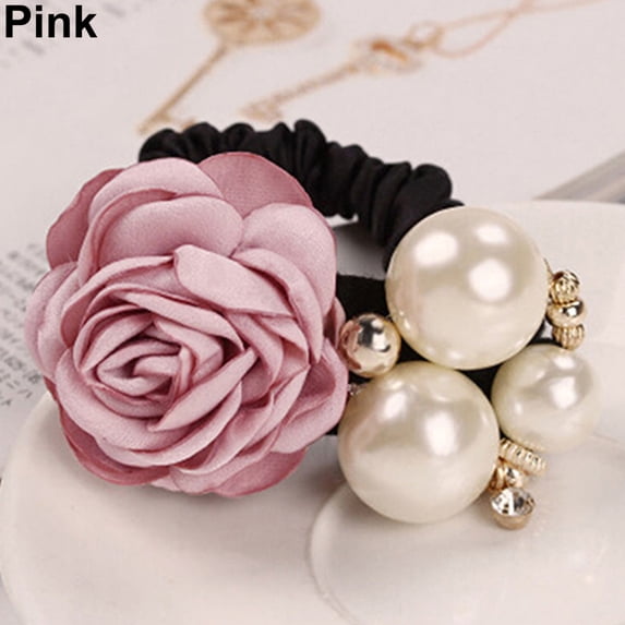 Grofry Hairband Lady Girl Chic Sweet Rose Flower Faux Pearls Ponytail Holder Hair Band