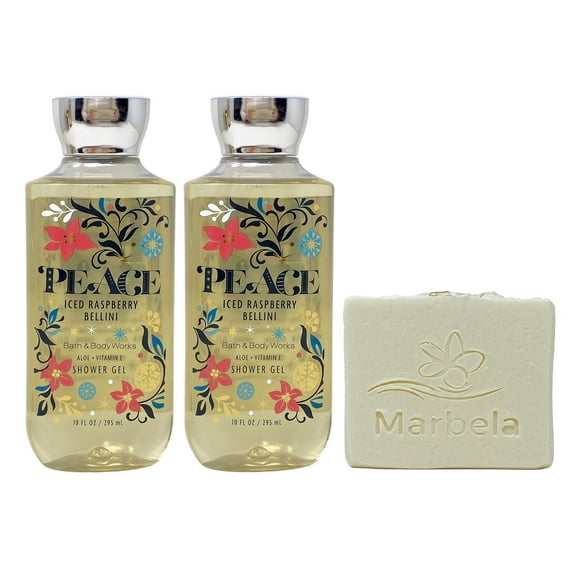 Bath & Body Works Peace - Iced Raspberry Bellini 2 Pack Shower Gel Bundle with a Natural Oats Bar Soap - Full Size