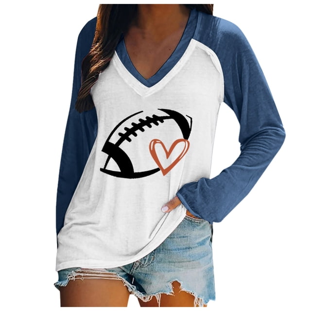 TSADFHJI Hauts Élégants pour Femmes, Chandails en Molleton Légers à Col Rond, Manches Longues, Imprimé Graphique de Football, TTG Bleu