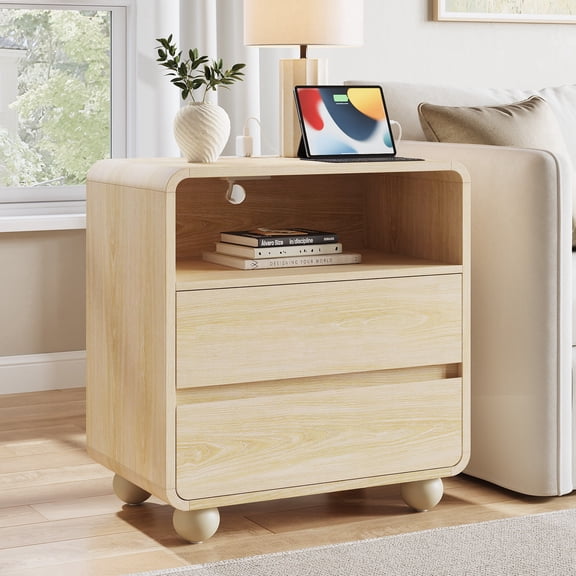 GIKPAL Modern Nightstand with Charging Station, 23.6" Wide Curved 2-Drawer Bedside Table, Wood Nightstand for Bedroom or Living Room, Mid-Century Style, Natural