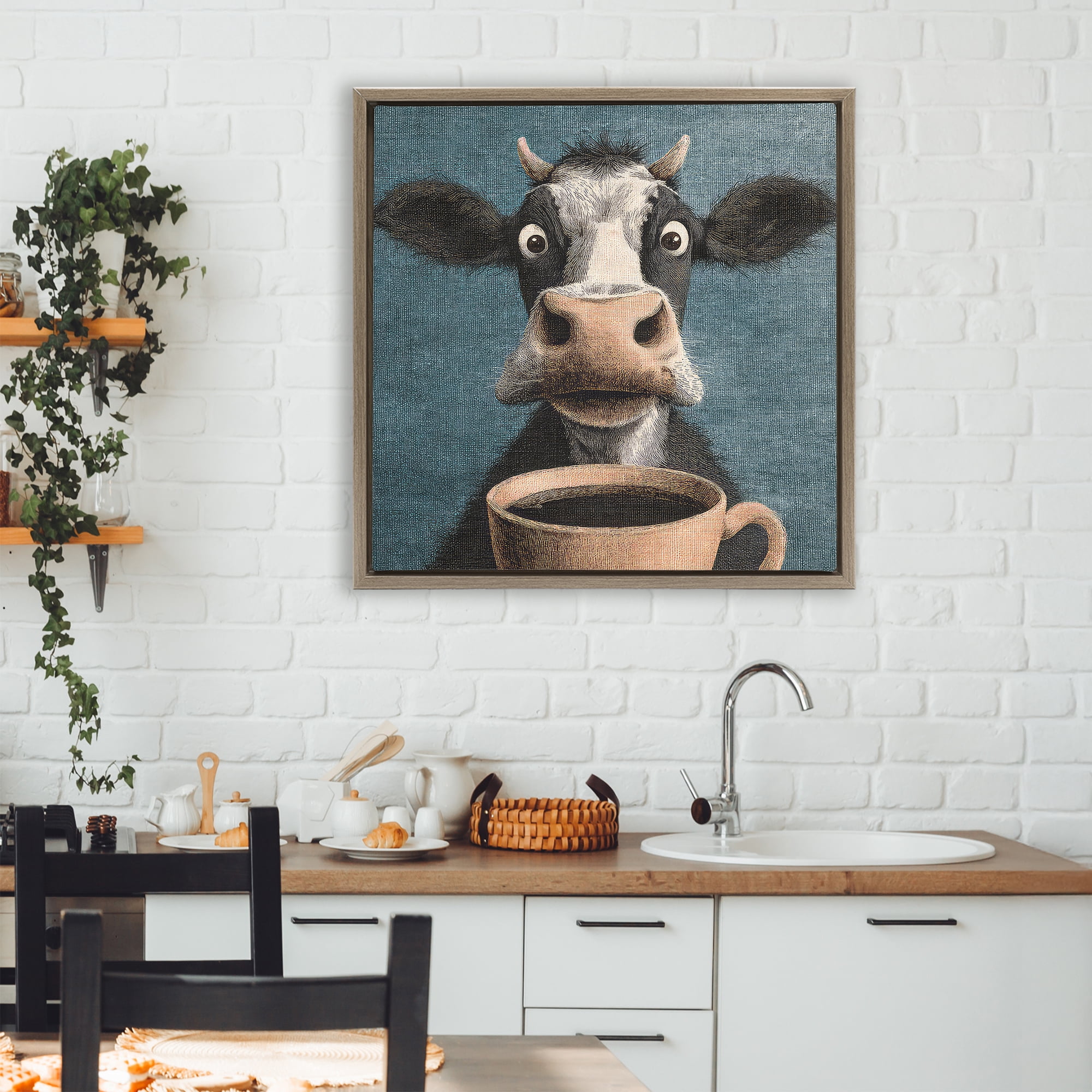 Stupell Industries Grumpy Cow & Coffee Brown Framed Floater Canvas Wall Art, design by The Wands Want