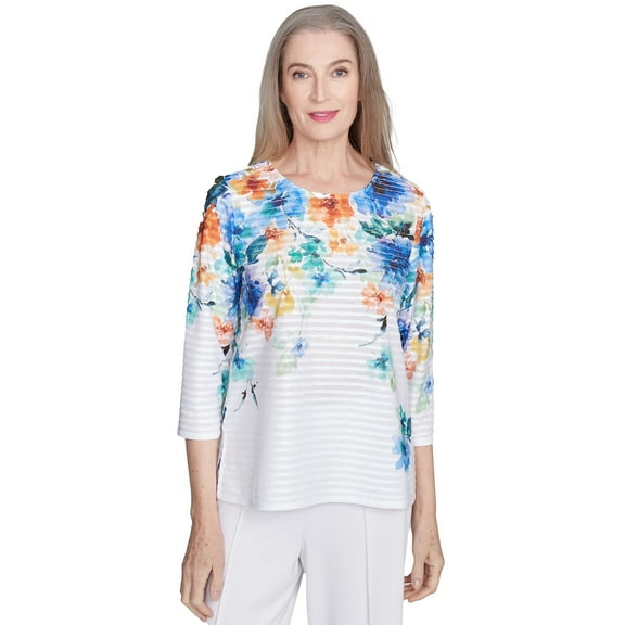 Alfred Dunner Womens Textured Floral Neckline Top