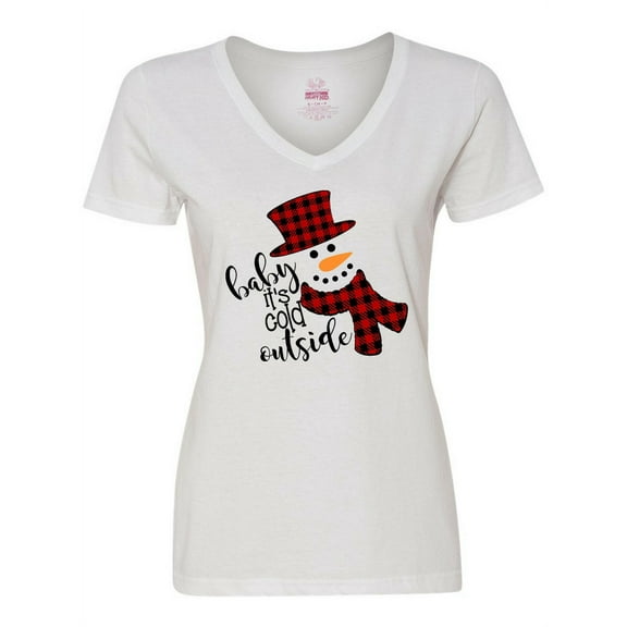 Inktastic Baby It's Cold Outside Cute Snowman in Plaid Print Women's V-Neck T-Shirt