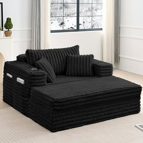 ZAFLY 58" Modern Corduroy Accent Armchair with Storage Ottoman for Living Room, Black