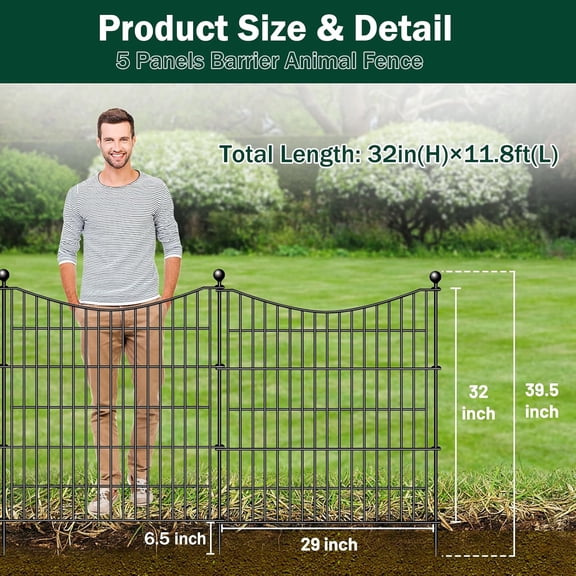 5 Panels Decorative Garden Fence with Gate, 32 in(H) X 12 ft(L) No Dog Fence Animal Barrier Outdoor for Yard