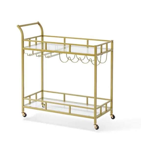 Gold Metal Bar Serving Cart with Wine Rack Glass Holder