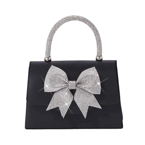 Elegant Black Satin Evening Clutch with Crystal Bow & Handle, Detachable Chain for Weddings, Parties, Prom