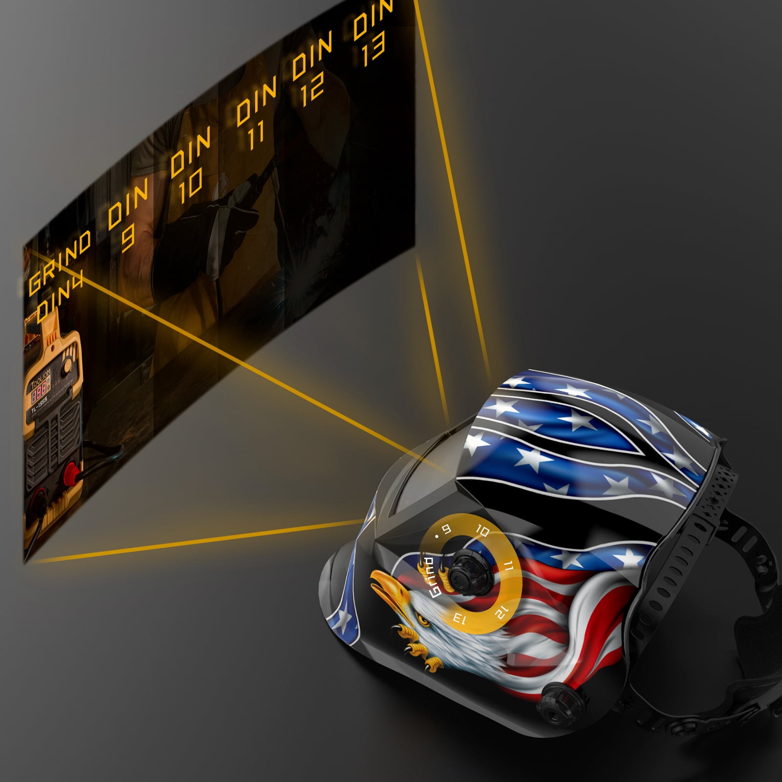 TOOLIOM Solar Powered Welding Helmet Auto Darkening for TIG MIG ARC Welder Mask with Adjustable Shade Range 4/9-13 Blue Eagle Design