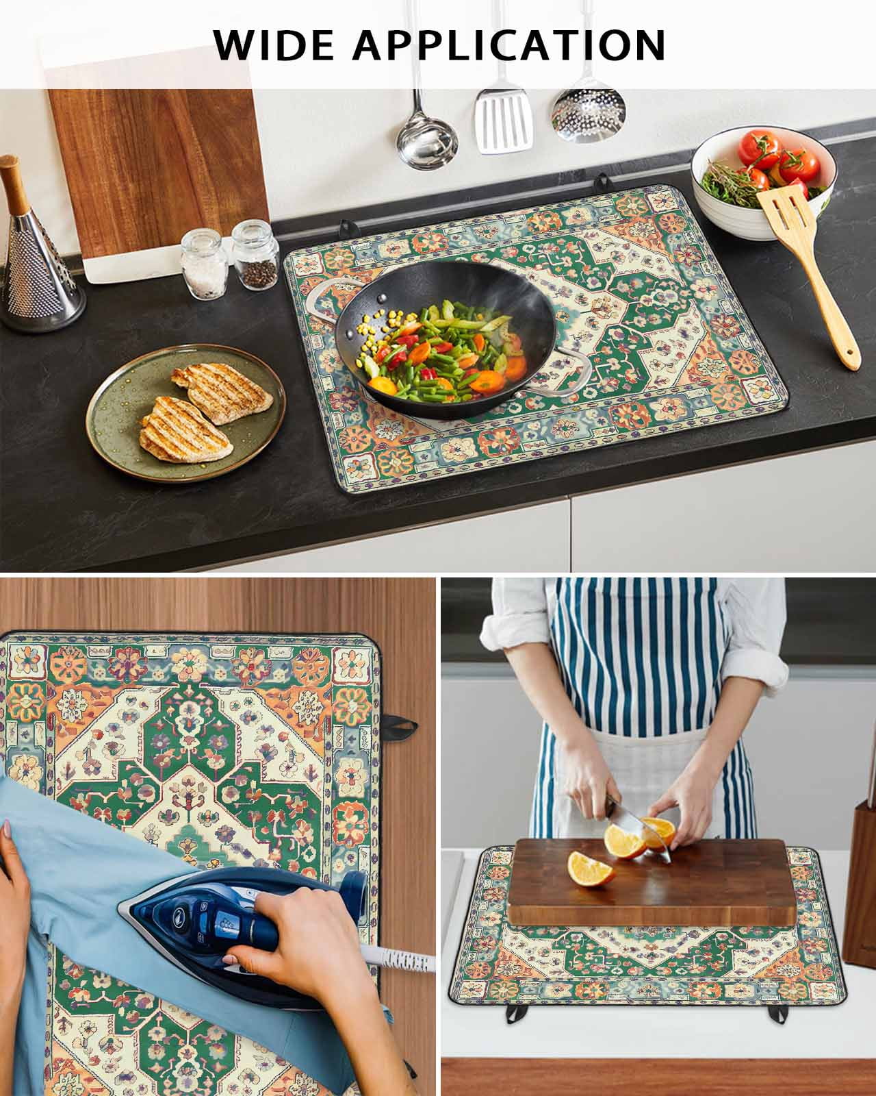 nqOlkjepod Large Induction Cooktop Protector Mat 24"x21", Green Orange Beige Boho Stove Top Covers for Electric Stove, Retro Ethnic Tribal Abstract Art Stove Burner Cover Mats, Glass Top Stove Cover