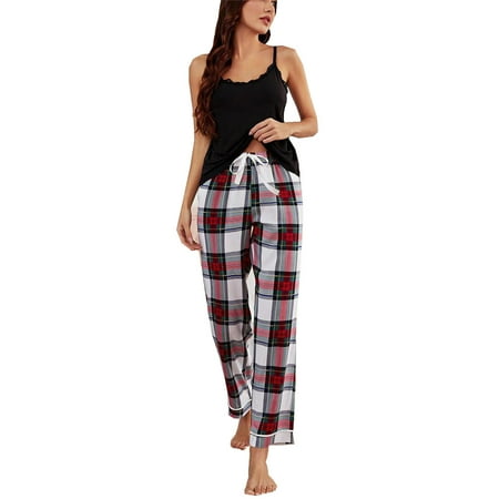 

Women s Casual Pajamas Sets Adjustable Spaghetti Straps Lace Trim Cami Tops Loose Long Plaid Pants Sleepwear PJs Sets